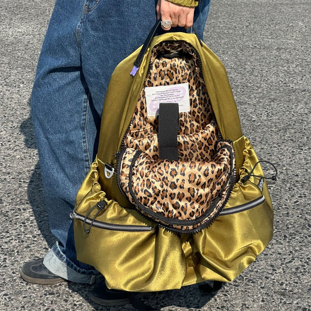 OFFWINTER Indústria Pesada Estampa de Leopardo Sensação Brilhante Mochila de Grande Capacidade Textura de Seda vintage B