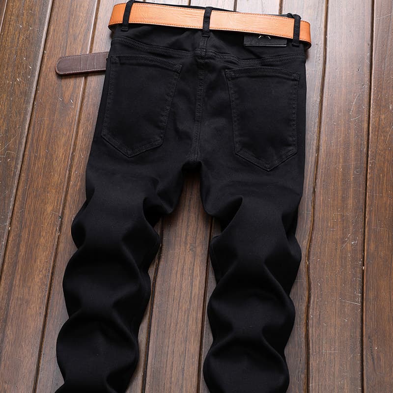2026 novo estilo inverno forro de lã puro preto Jeans masculino outono inverno estilo fino-ajuste preto calças casuais e
