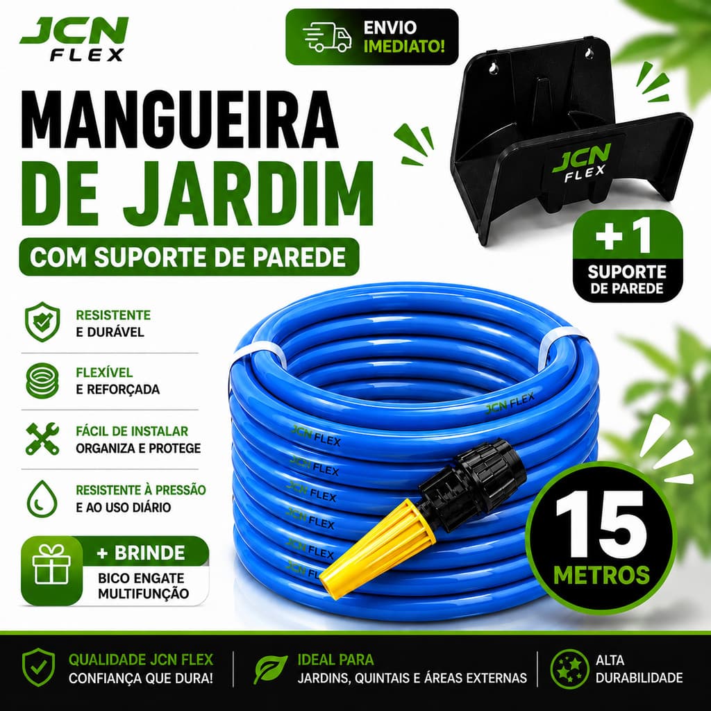 Mangueira Jardim 15m Flexível Reforçada com Enrolador e Bicos JCN FLEX