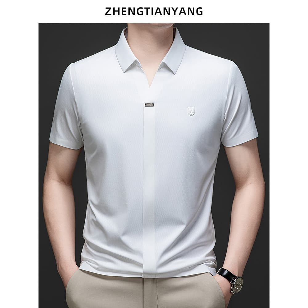 Seda gelo sem costura falso Cardigan de manga curta camiseta masculina verão lapela Jacquard emblema fino camiseta na mo