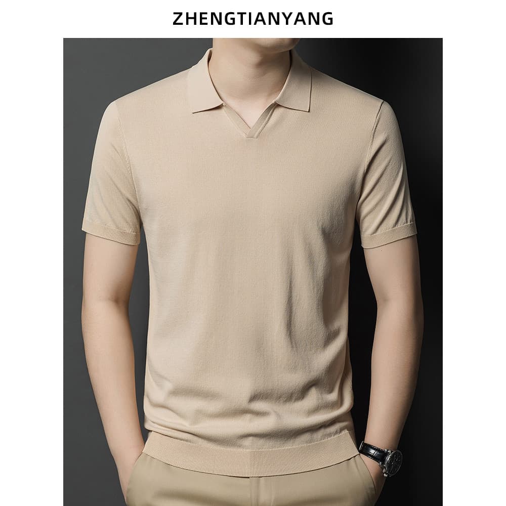 Camiseta masculina de manga curta com gola gaivota fina de seda gelada, lapela de verão, versão coreana, cor sólida, met