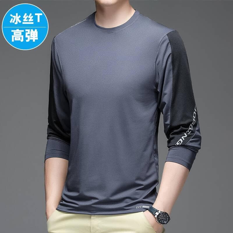 Camiseta masculina de manga comprida de seda gelada, Base externa, primavera verão, estilo fino, secagem rápida, mangas