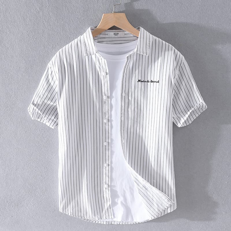 Renben puro algodão listrado camisa de manga curta masculina verão fino japonês Casual branco na moda negócios trabalho