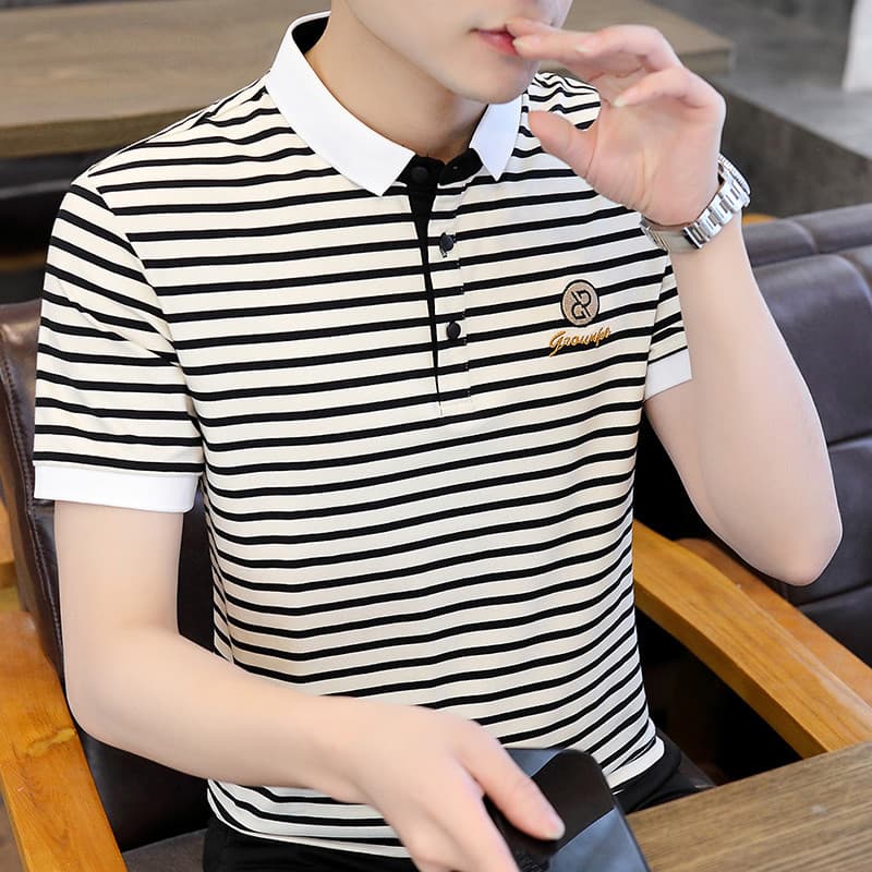 Street Wear camiseta masculina Casual novo estilo de manga curta verão listrado topo puro algodão camiseta meia manga Bo
