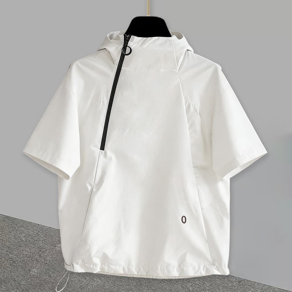 Verão novo estilo na moda Diagonal zíper com capuz de manga curta camiseta topo masculino solto mais magro