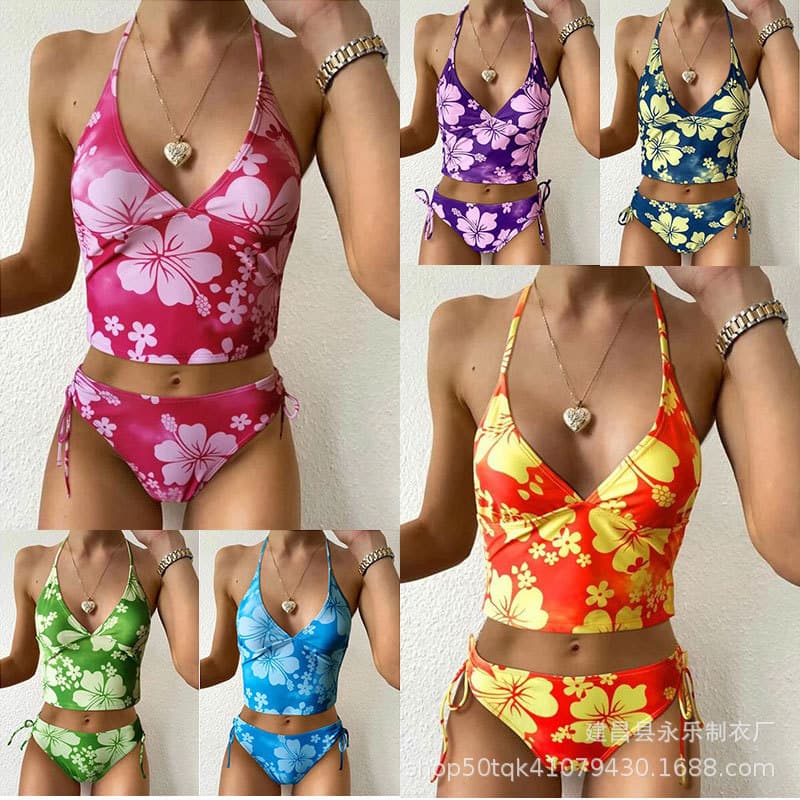 Biquíni feminino estampado de cintura alta, estilo esportivo de alta elasticidade, para mulheres europeias e americanas.