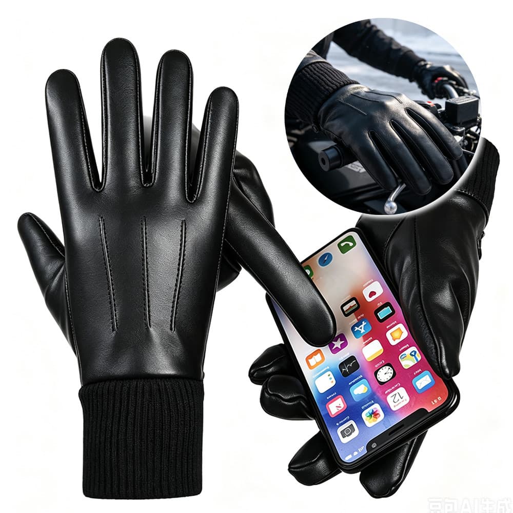 Luva Masculina Couro Legítimo Touch Screen Forro Aveludado Quente Anti Vento Para Moto, Dirigir E Atividades De Inverno