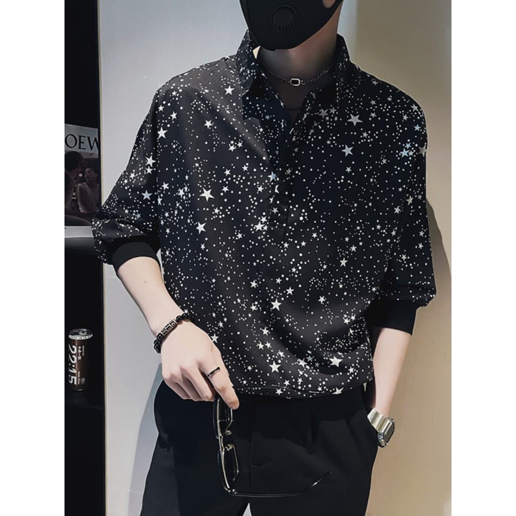 Camisa de manga curta masculina verão Gypsophila impresso camisa de manga de três quartos ins Street Wear rufião bonito