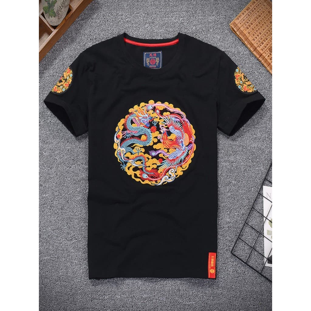 Camiseta masculina de manga curta estilo chinês dragão Phoenix nacional na moda juventude solta em torno do pescoço verã