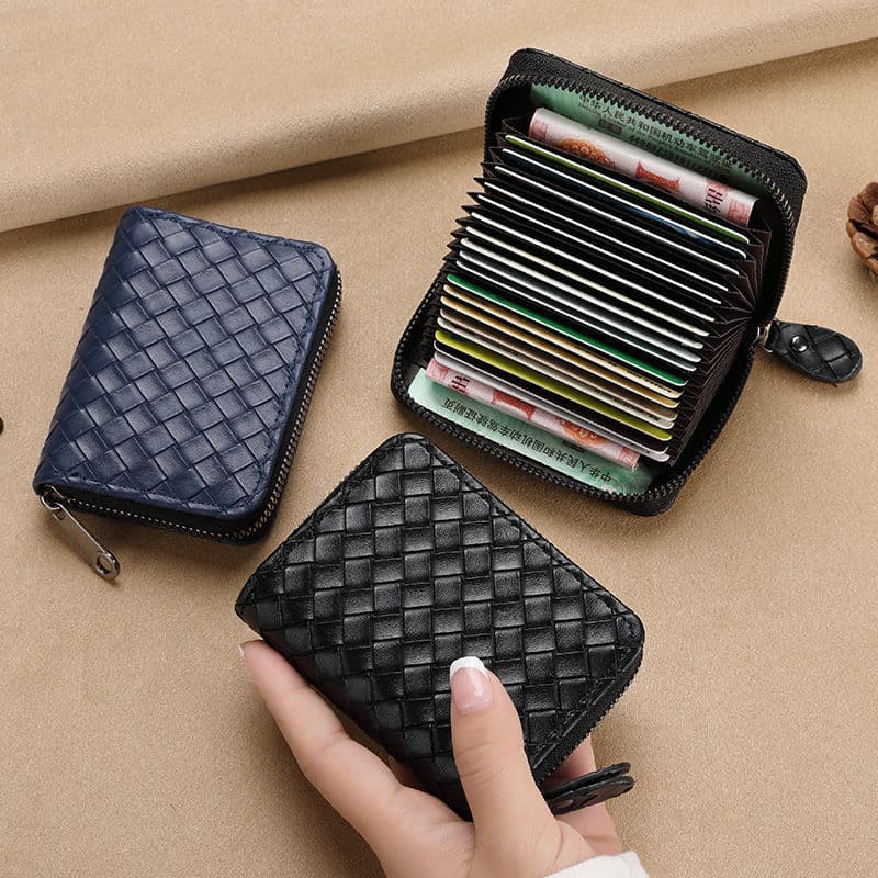 Carteira Clássica Tecida À Mão Com Textura Xadrez PU Estilo Acordeão Zíper , 11 Slots Portátil Mini ID Cartão De Crédito