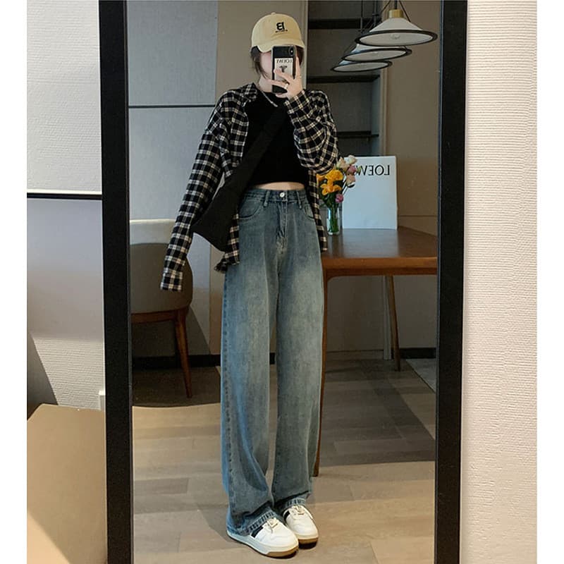 Calças jeans de cintura alta e perna larga para mulheres, novo estilo popular de verão, finas, com efeito emagrecedor, c