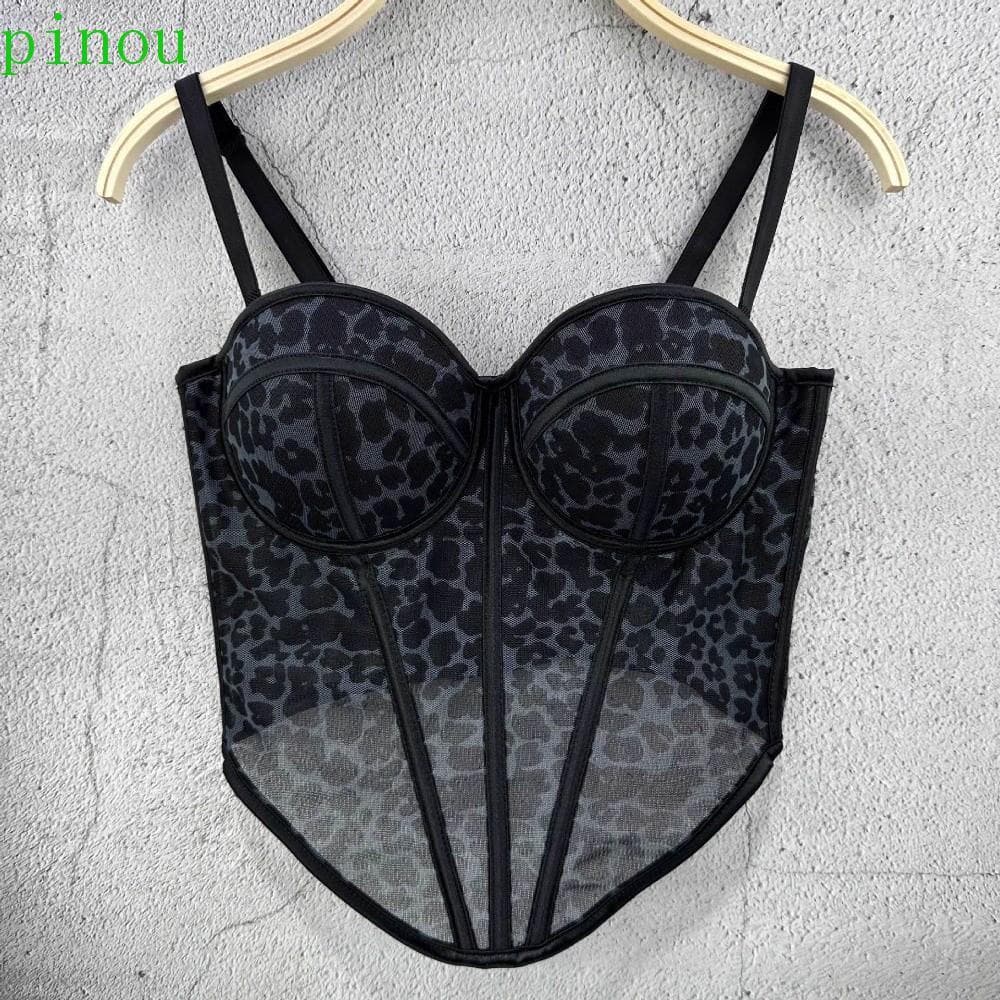 Camisola Espinha De Peixe Com Estampa De Leopardo PINOU , Espartilho Fino Fivela De Ajuste , Colete Suspensor Elegante S