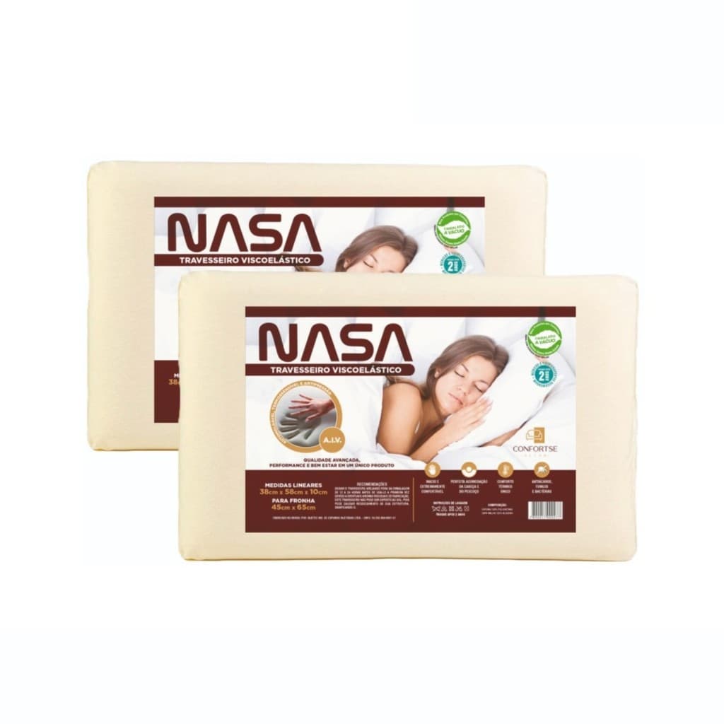 Kit 2 Travesseiros Nasa Viscoelástico 10cm Confortse 58x38x10cm