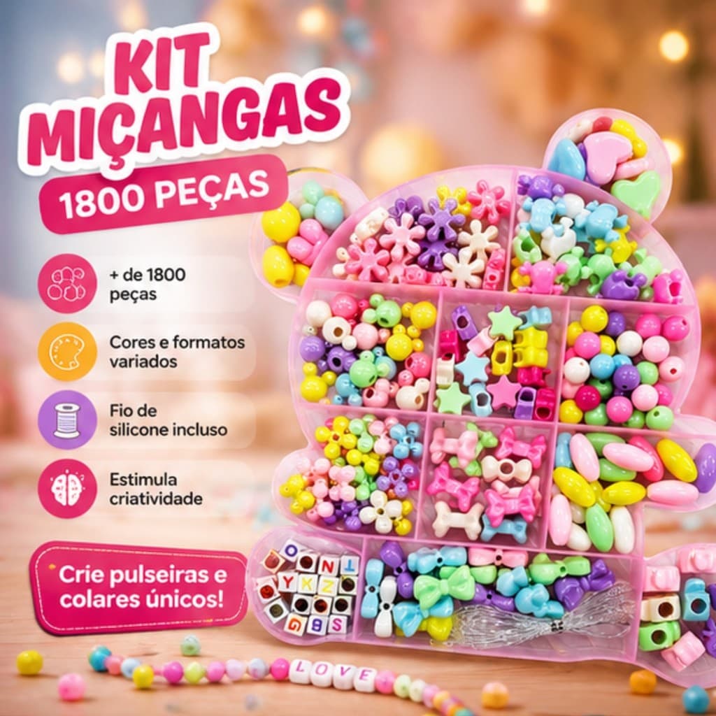 Kit Infantil De Miçangas Para Pulseiras Com Silicone Letras Coloridas DIY Artesanato Maleta Ursinho Rosa