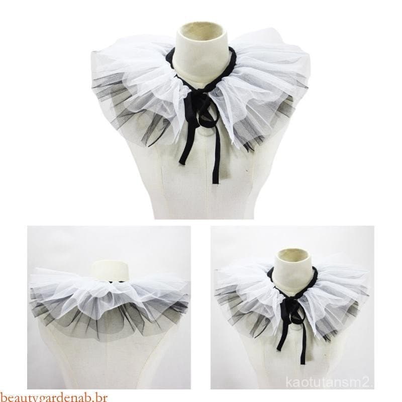 Colar Gargantilha Gótica com Babados Beautywell, Acessório Elegante de Tule Preto e Branco para Eventos