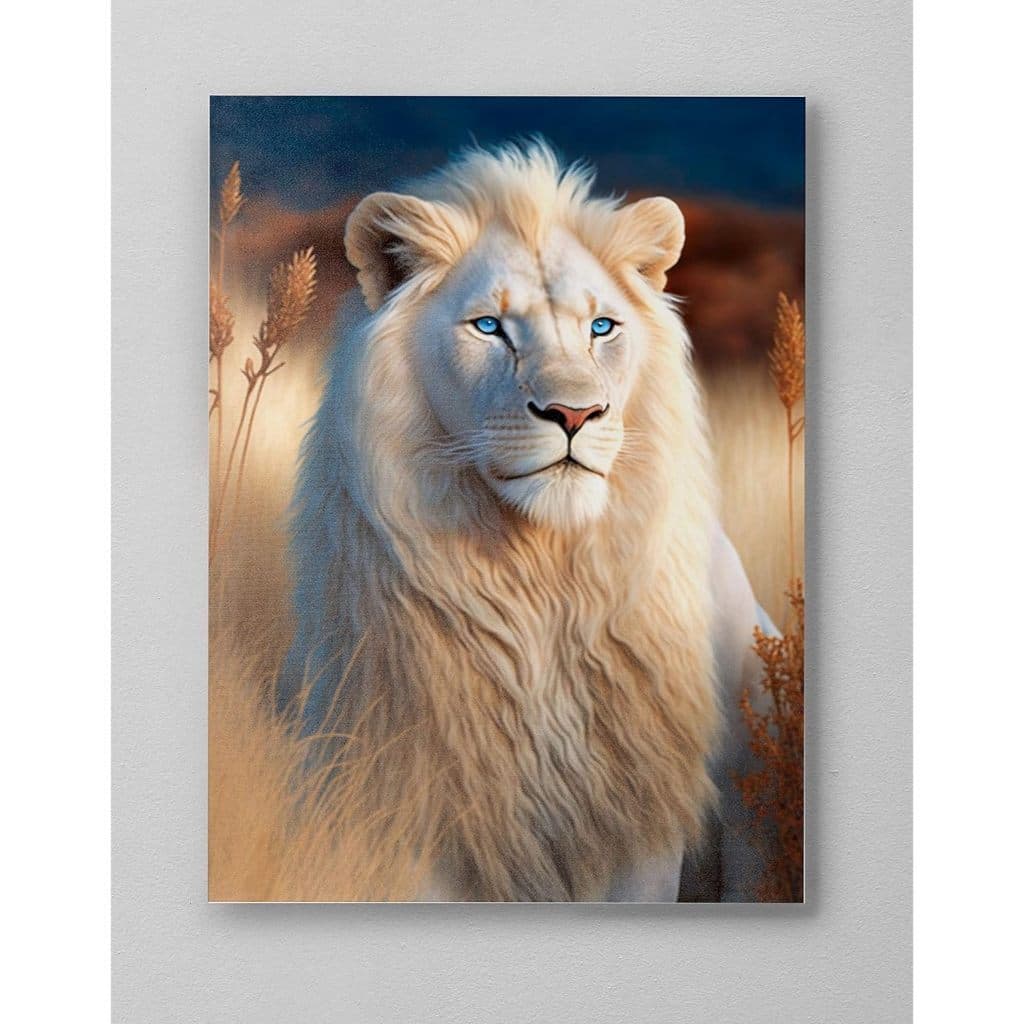 quadro decorativo mdf 70x50 alta resolução 4k leão branco olhos azuis