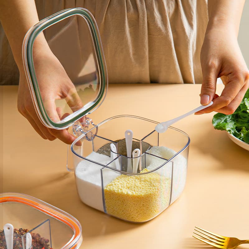 Conjunto de recipientes para temperos para cozinha doméstica, com armazenamento integrado de múltiplos compartimentos pa