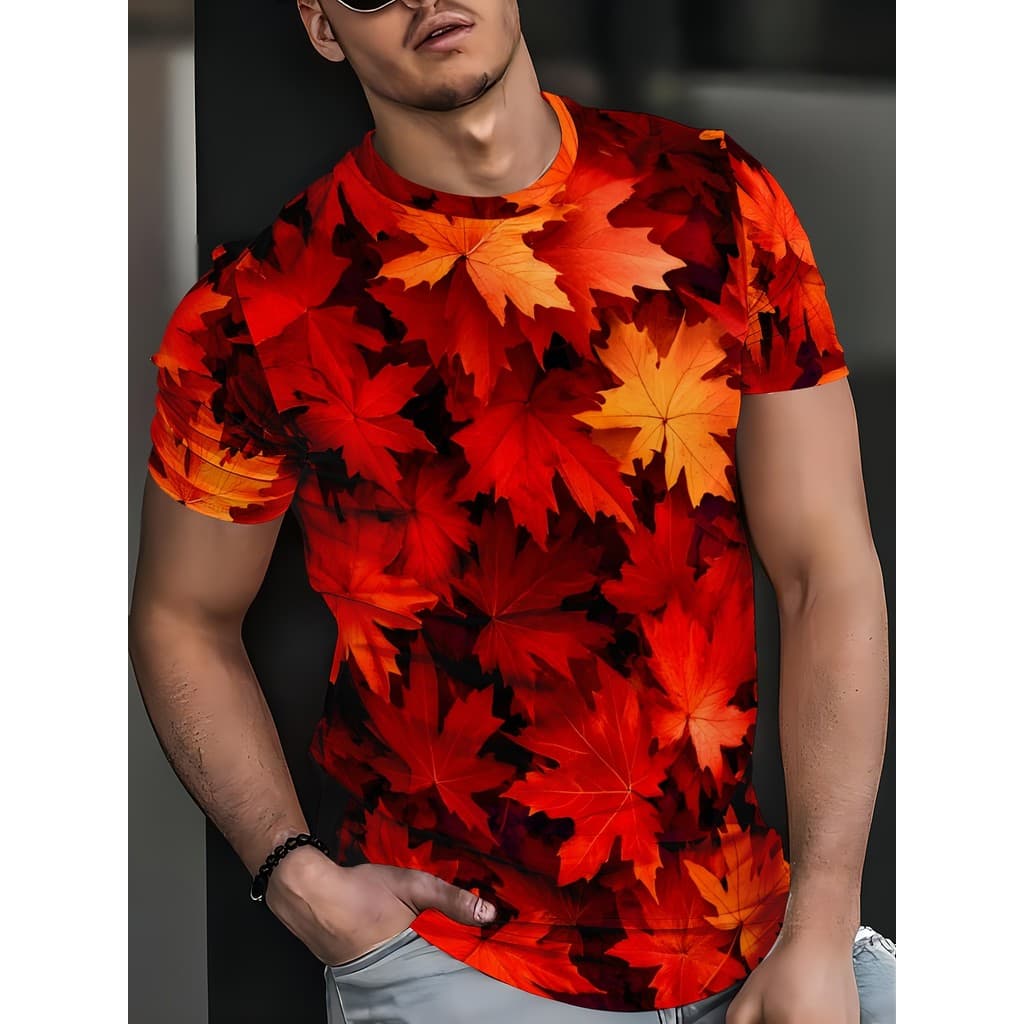 [Maple Leaf Print] Camiseta Masculina Casual Estampada – Poliéster , Manga Curta Respirável Com Gola Redonda , Estilo Hi