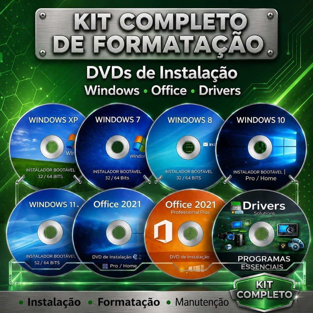 Windows 11, 10, 8, 7 e XP | DVD Kit | Pacote Office e Drivers | Formatação