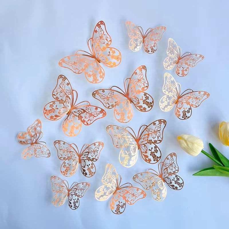 Kit 12 Borboletas Decorativas 3D Metalizada Vazada Rose Gold