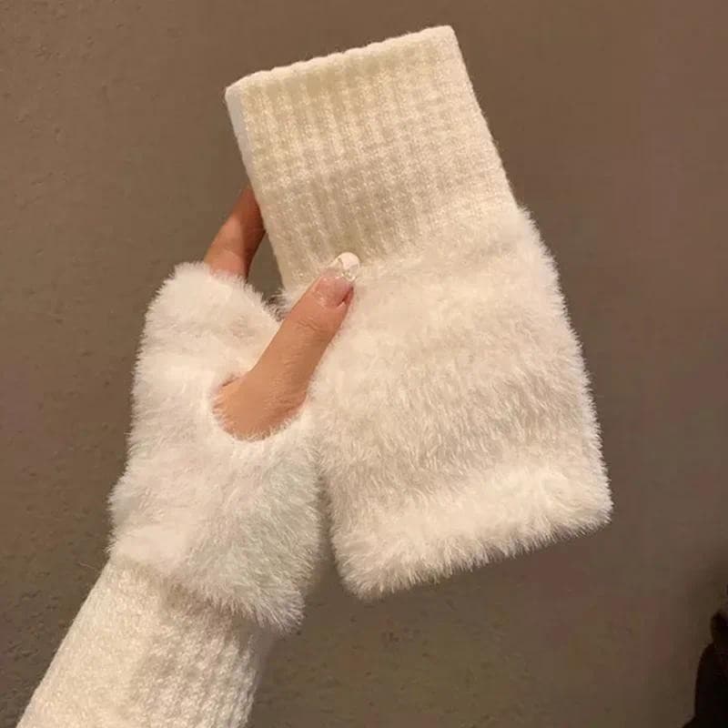 Luvas de Pulso Femininas de Luxo em Pelúcia Branca Sólida, Quentes, de Inverno, Sem Dedos, para Escrita WRHQ