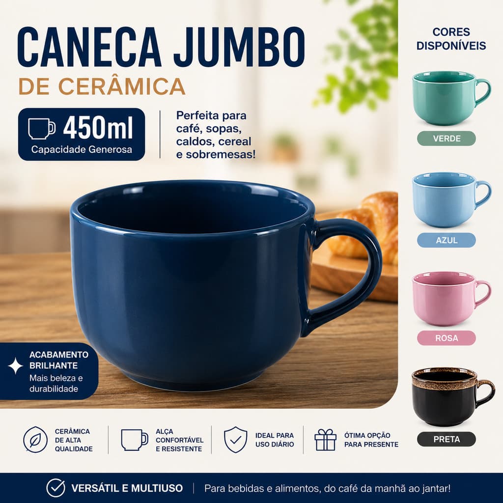 Caneca De Cerâmica Grande 450ml Jumbo Café Sopa Caldo Cereal Sobremesa Colorida Com Alça