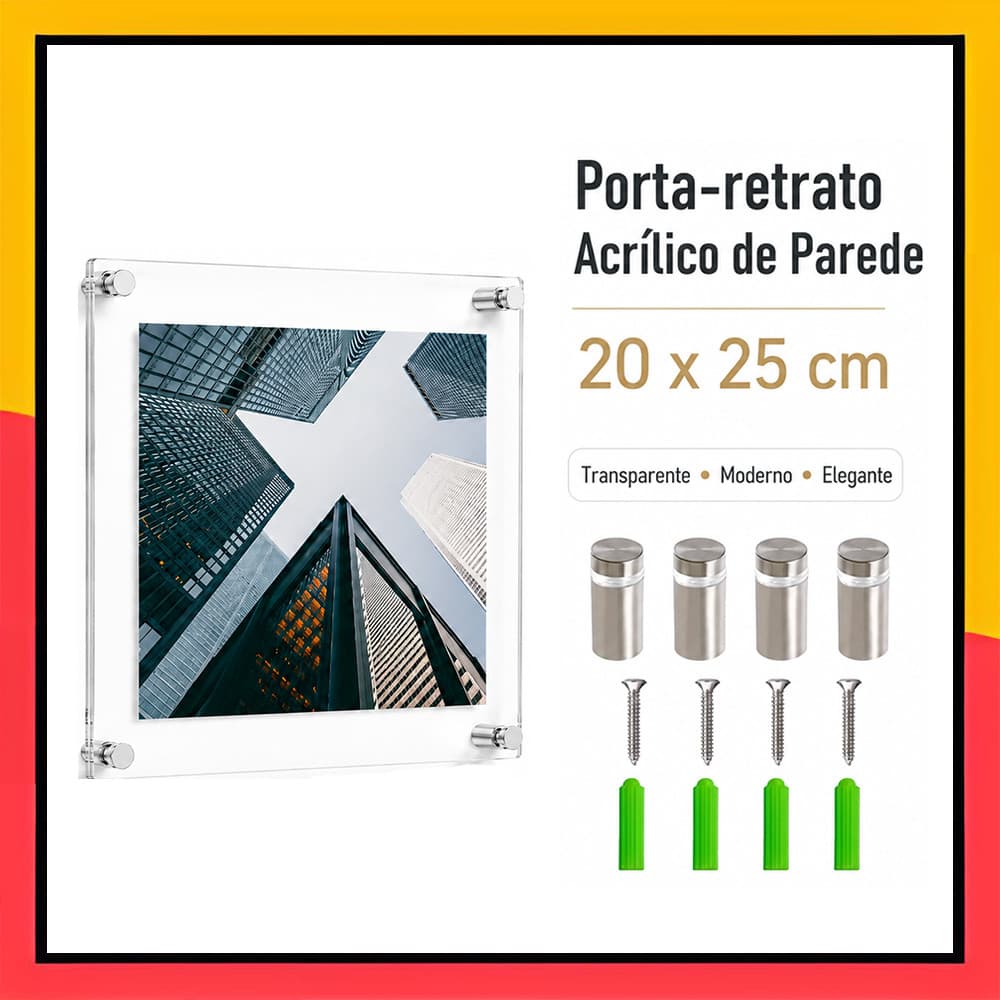 20 x 25 cm   Moldura transparente com fixação magnética para pendurar na parede   Em acrílico