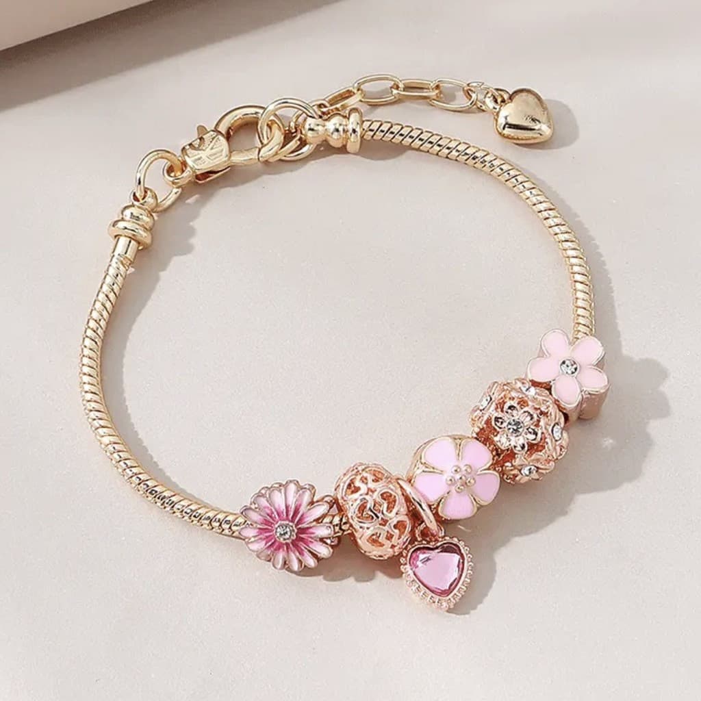 Nova Pulseira de Miçangas Rosa Estilo Menina Doce e Delicada com Margaridas, Coração e Flor de Diamante Oco