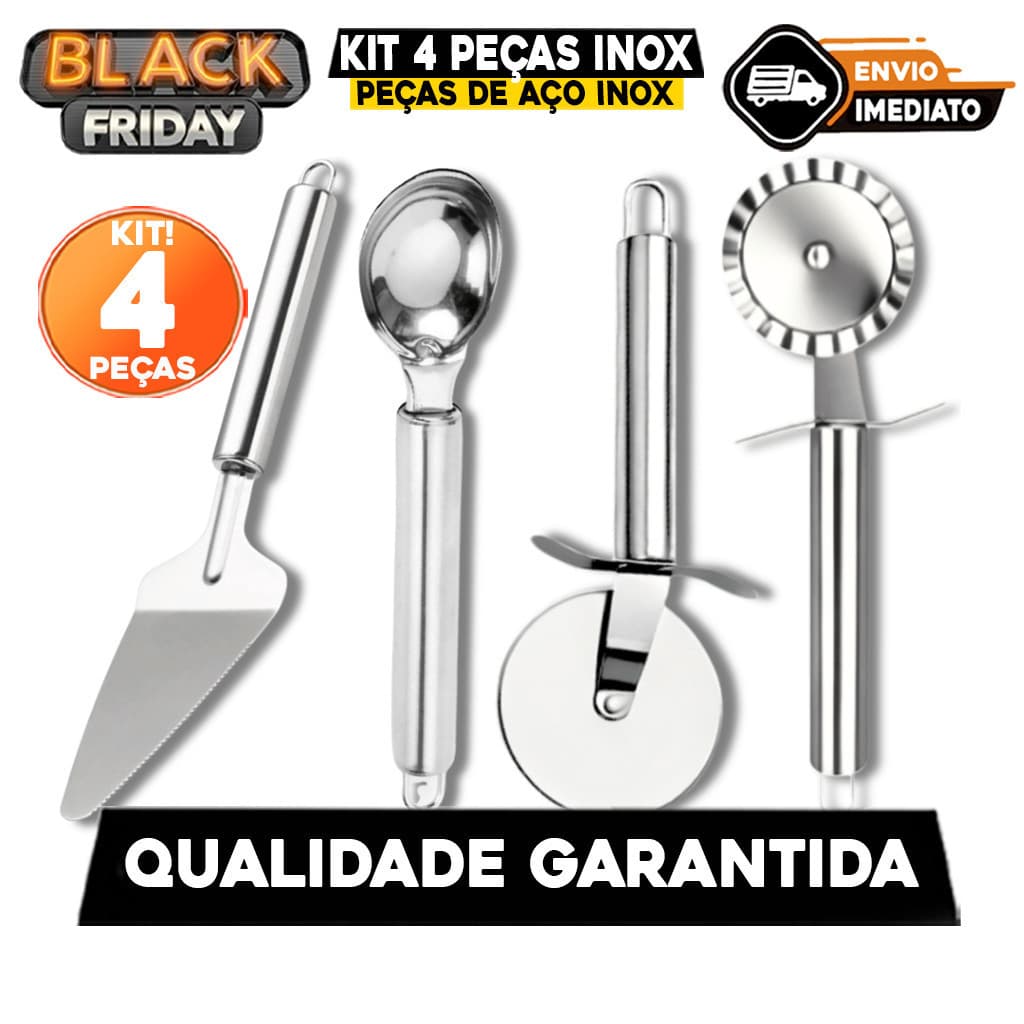 Kit 4 Peças Inox | Cortador de Pizza, Carretilha Para Massa, Colher de Sorvete e Espátula de Bolo