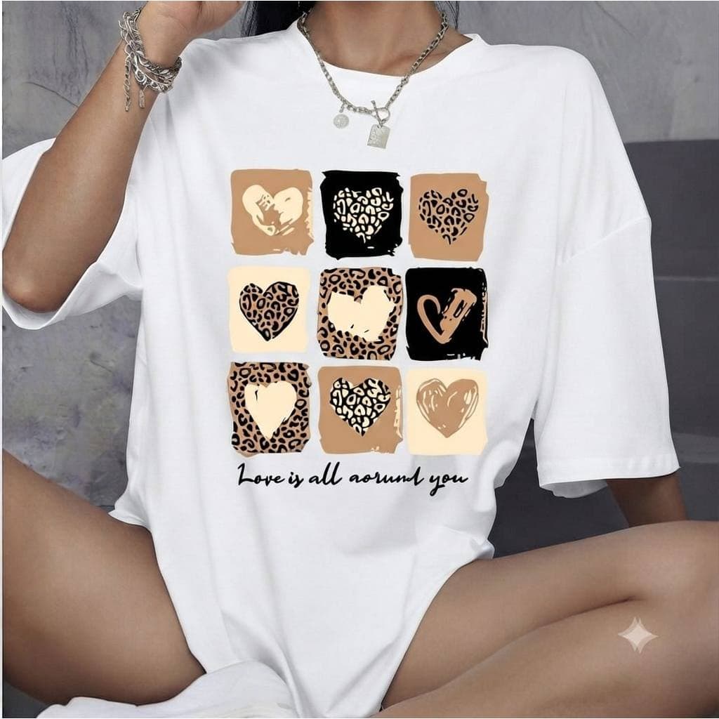 Camisa Estampa Coração Onça, Plus Size, T- Shirts, Moda Casual Feminina Jovem, Tecido 100% Algodão