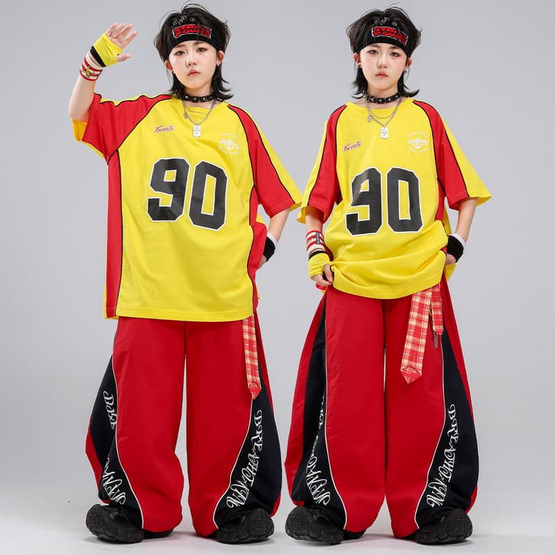 Dança de rua desempenho das crianças roupas da moda Hip Hop meninos dopamina vermelho amarelo roupas terno hiphop menino