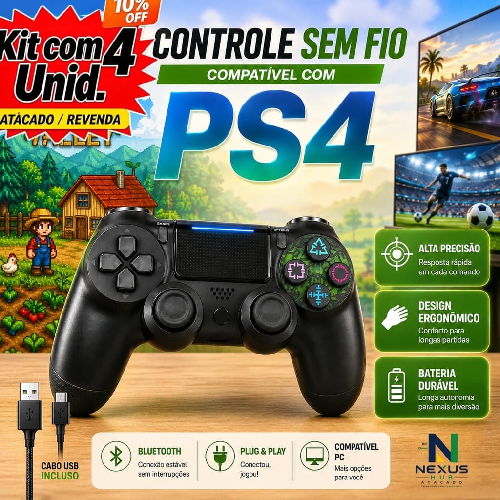 KIT4 Presente Namorado Controle PS4 Bluetooth Preto | Vibração Touchpad Recarregável | Compatível PC Smart TV