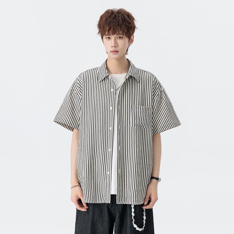 Verão novo estilo Retro rufião bonito listras verticais camisa de manga curta masculina simples na moda botão solto casa