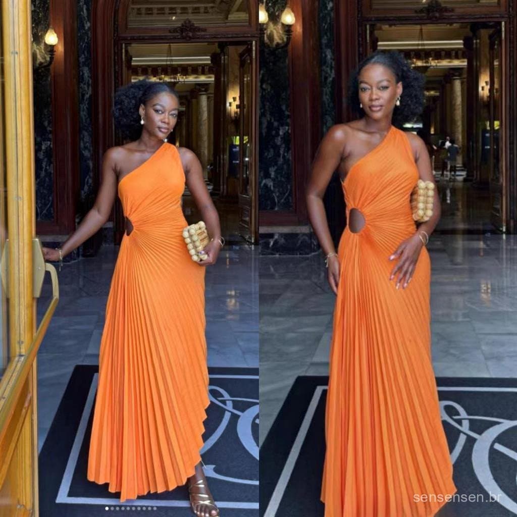 Saia Laranja Feminina Elegante Ombro Plissado Vestido Europeu De Festa De Casamento