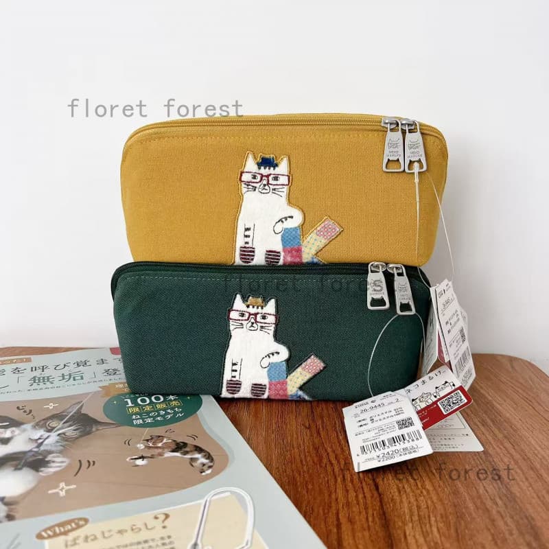 Japão Kusuguru genuíno bordado óculos gato lápis caso saco de cosméticos bolsa de moedas pequeno objeto armazenamento 60