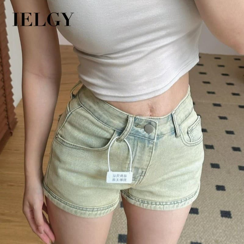 IELGY Shorts jeans retrô lavados femininos cintura alta linha A calças quentes cobertas de braço