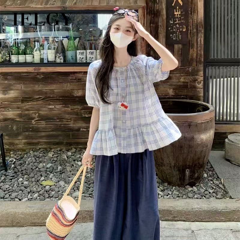 IELGY Camisa de manga curta feminina verão babados camisa solta
