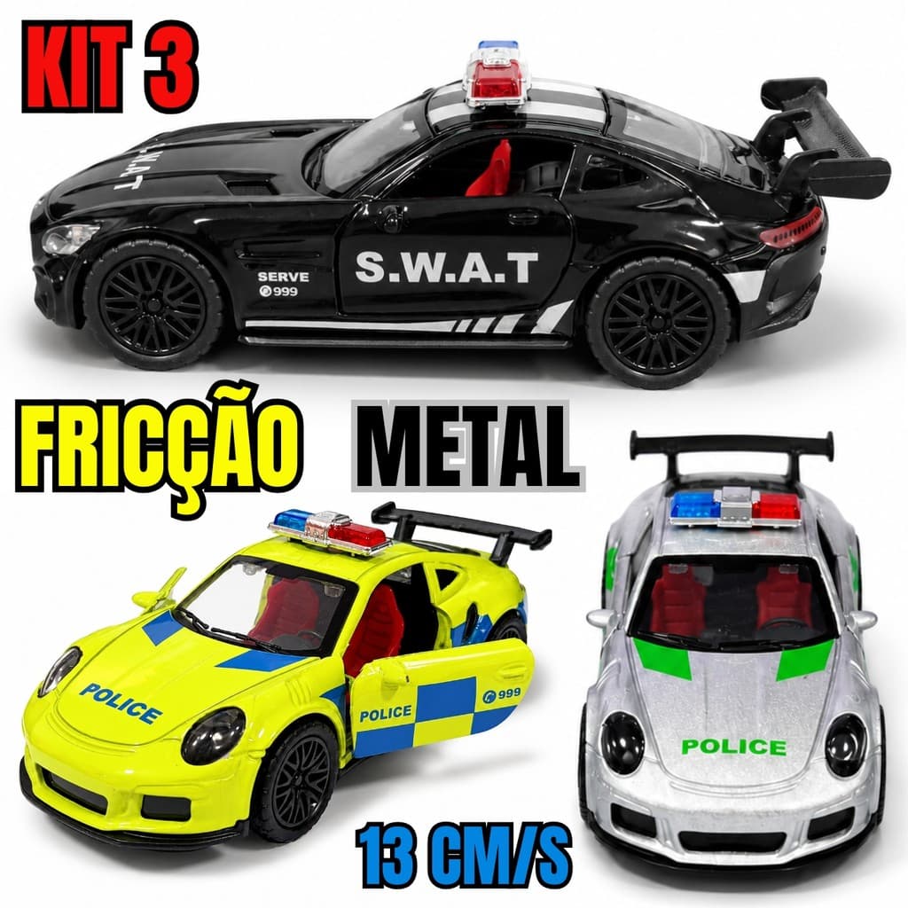 Kit 3 Carrinhos Esportivos de Metal 13cm com Sistema de Fricção