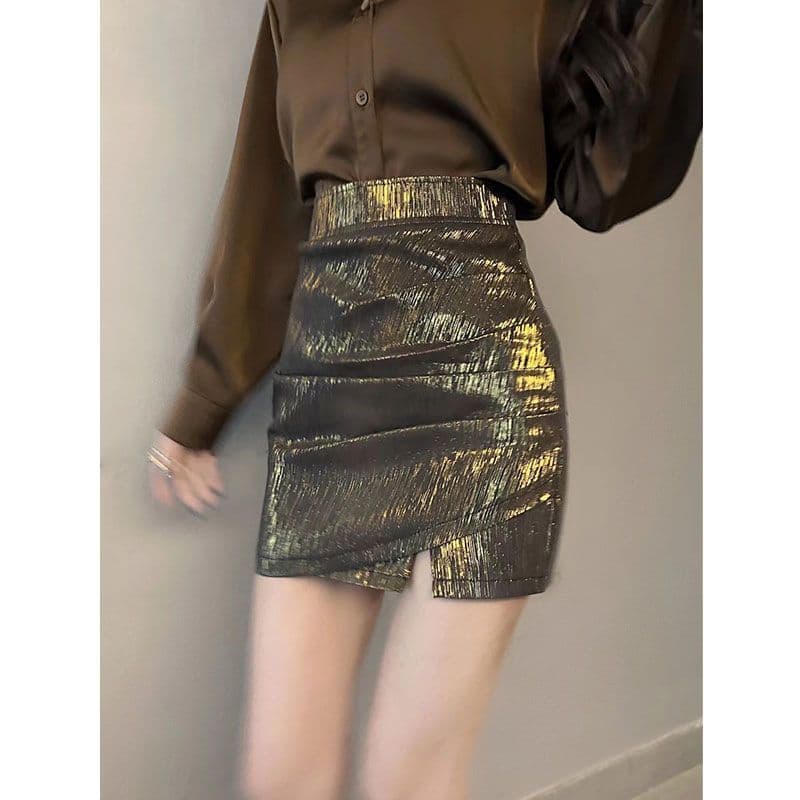 Design sentimento de cintura alta plissado Hip fenda saia feminina verão high-End sentimento irmã real menina quente mai