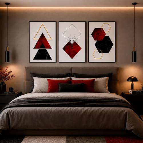 Kit 03 Quadros Decorativos Para Sala Vermelho E Preto 50x90