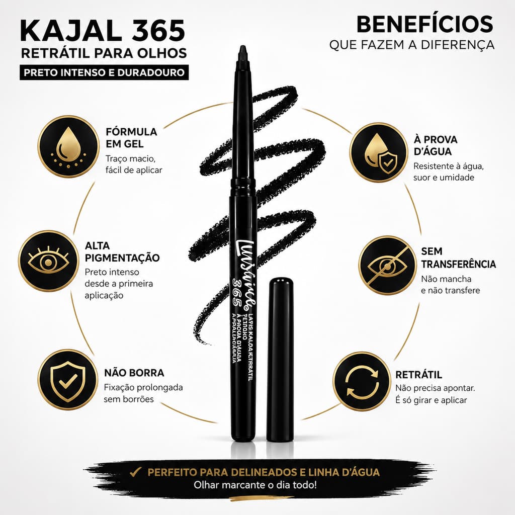 Lápis de olhos e delineador Retrátil Preto Intenso a prova dágua Alta Pigmentação Luisance