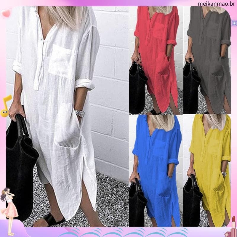 Mulheres E # 39 ; s Primavera Outono Vestido Csa Solto 2023 Casual Manga Longa Botão Midi Vestidos Pl us Size