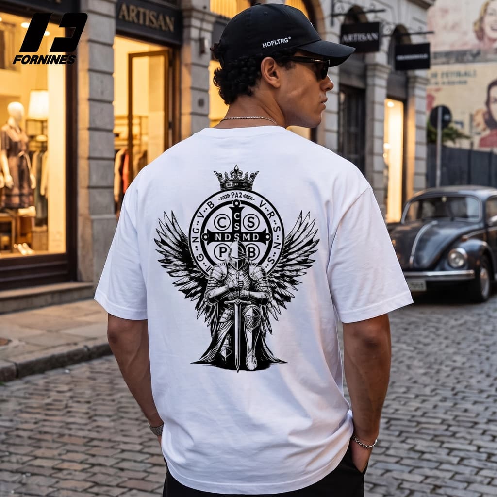 Camiseta Medalha São Bento Cruz Sagrada 100% Algodão Estampa Grande Profissional Católica Religiosa Unissex