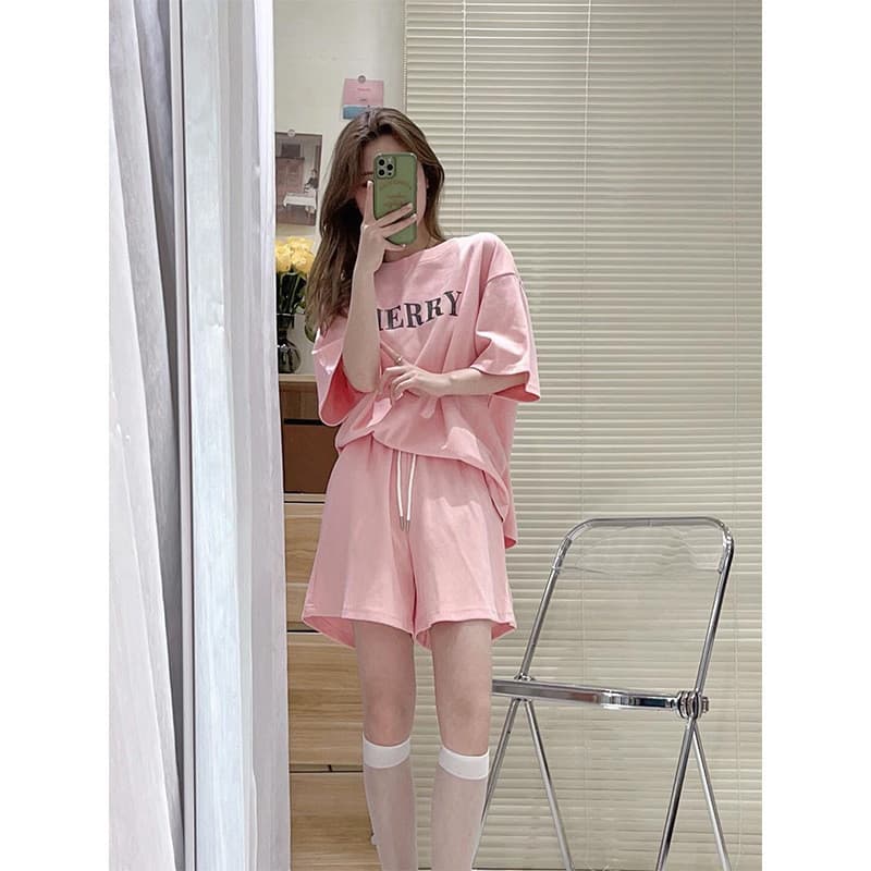 Terno feminino camiseta de manga curta solta esportes Shorts de perna larga pode ser salgado doce vestido de verão de du