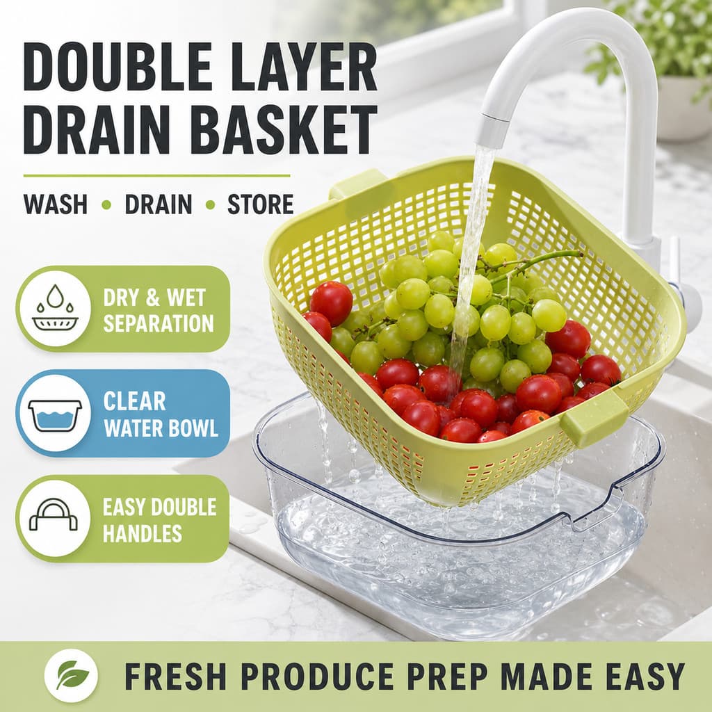 Cesta de drenagem de camada dupla de cozinha cesta de lavagem de vegetais doméstico engrossado transparente bacia de dre