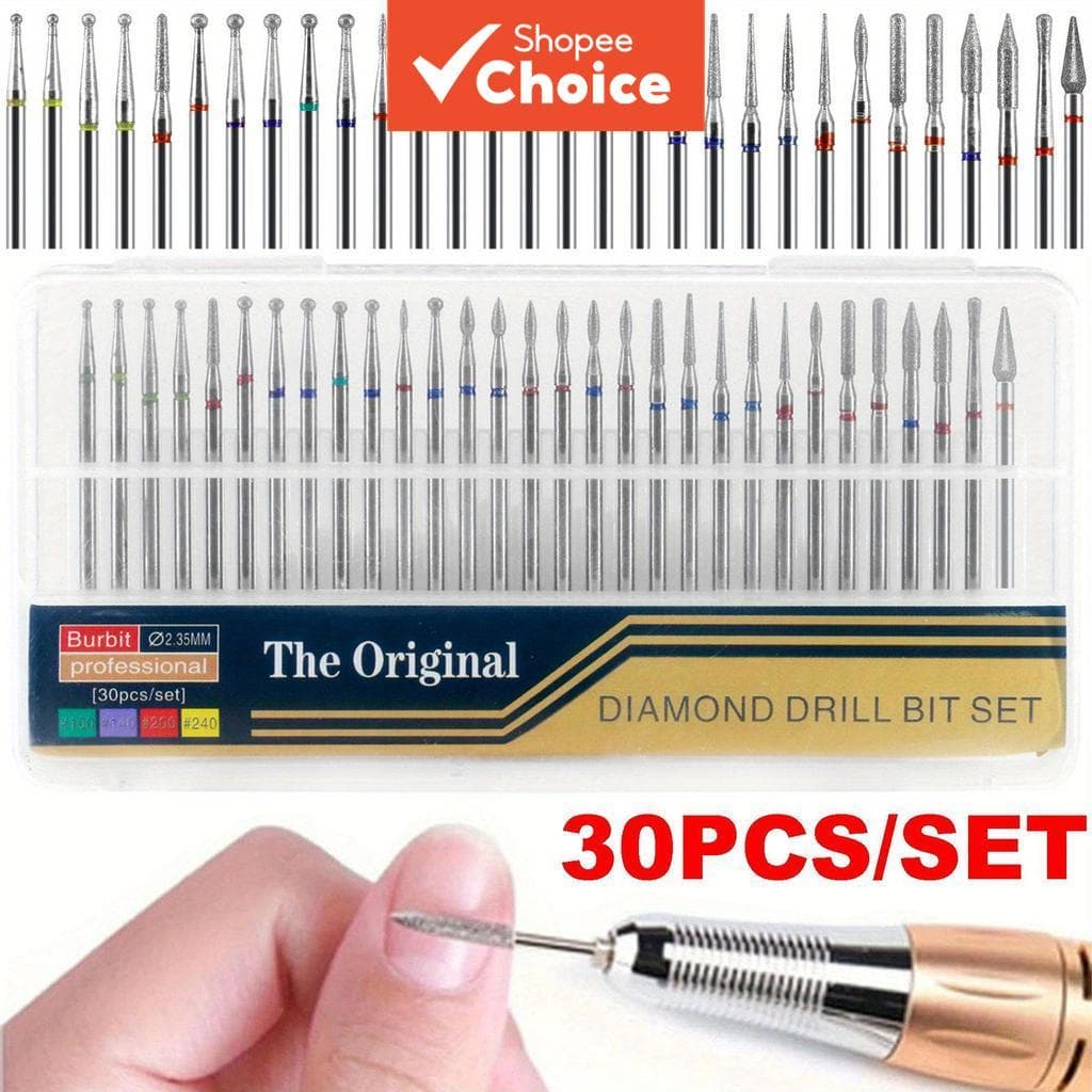 Kit 30 Peças/Caixa de Brocas Diamantadas para Unhas para Rotativa, Fresa Elétrica, Manicure, Cabeçotes de Moagem,