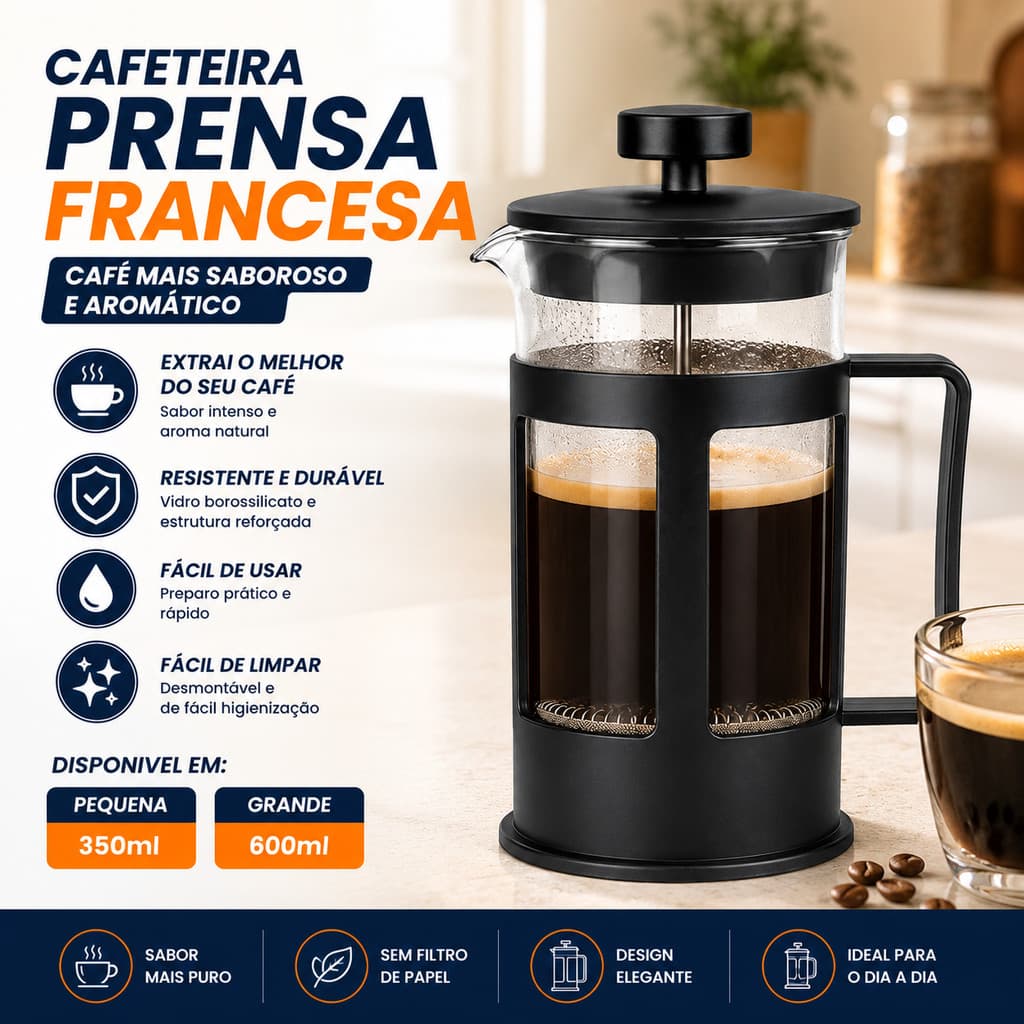 Cafeteira Prensa Francesa em Vidro e Inox Filtro Removível Coagem de Café Tradicional Café Gourmet Chá e Infusões