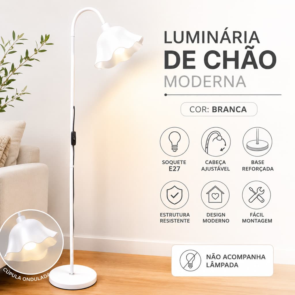 Luminária de Chão Branca Moderna com Cúpula Ondulada Soquete E27 Base Reforçada para Sala Quarto Escritório