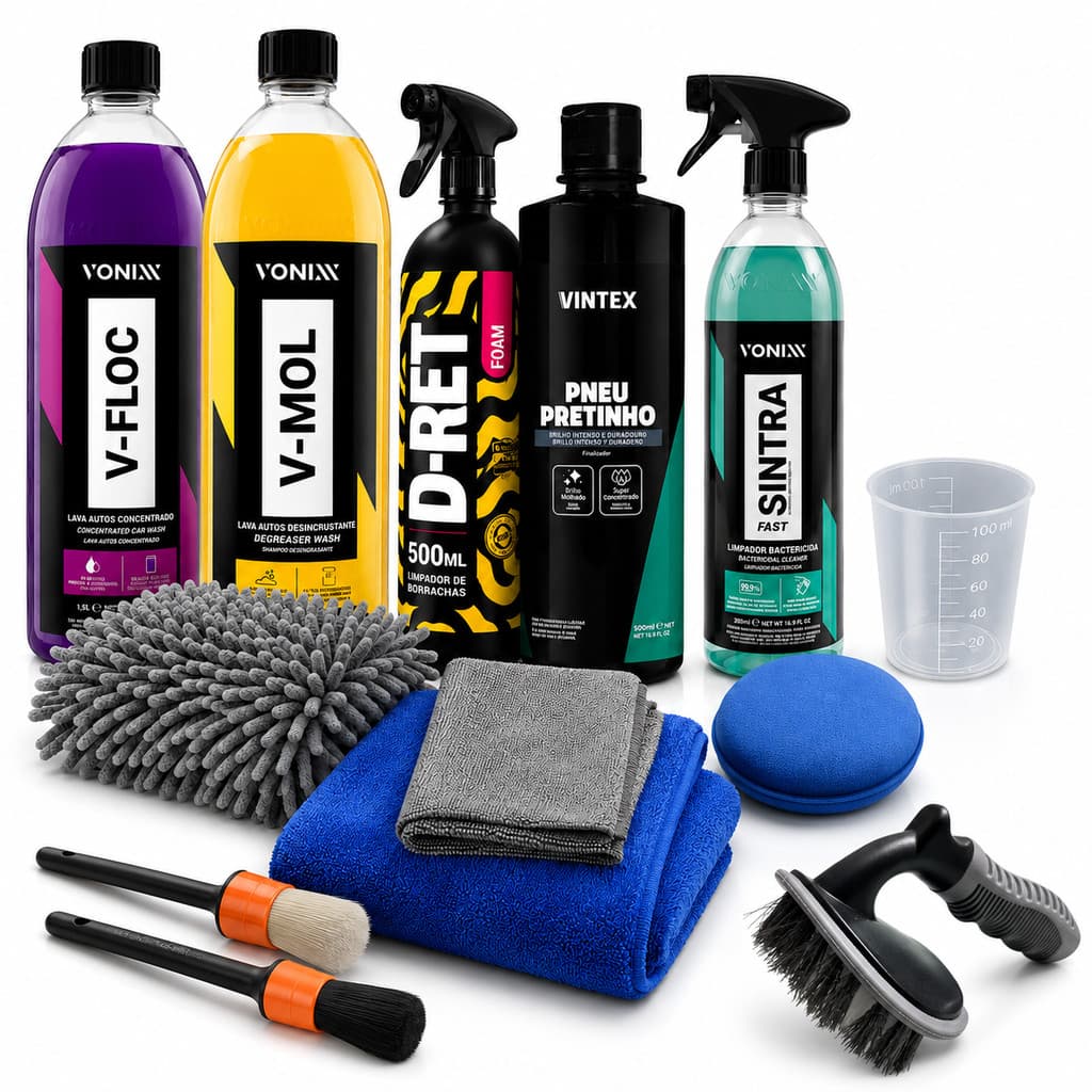 Kit Lavagem Automotiva Profissional Vonixx V-Floc V-Mol Sintra Fast Pneu Pretinho Completo 12 Peças