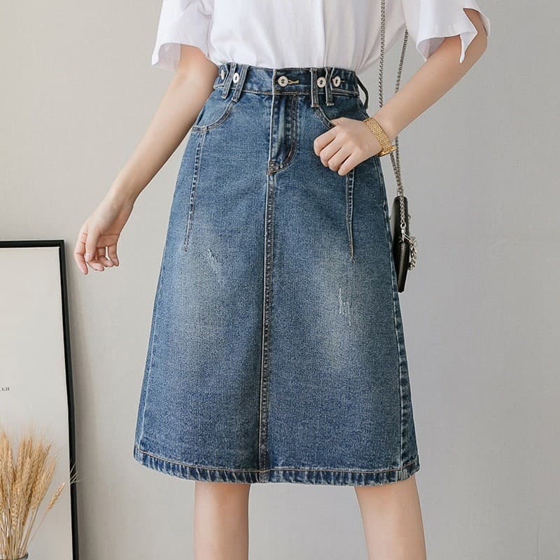 0 primavera comprimento médio cintura elástica saia jeans feminina primavera verão cintura alta mais magro olhar fenda s